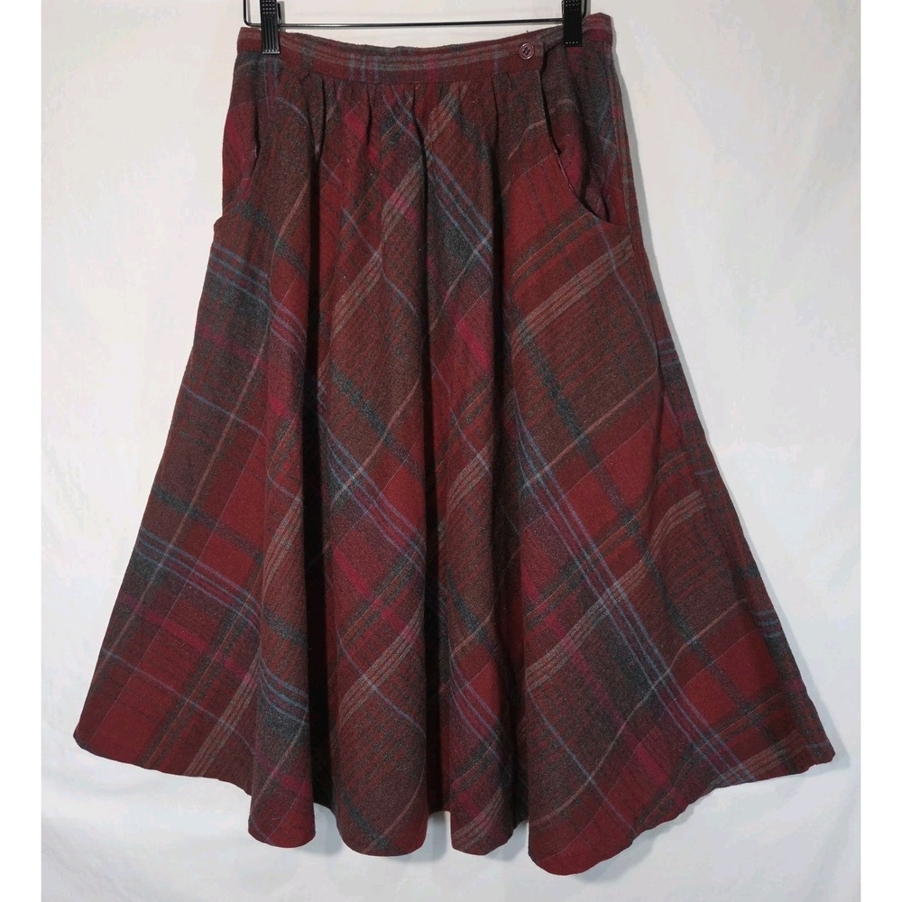 Avon Fashions Plaid Midi Skirt Womens 28" Red Excellent Vintage 80s Wool Blend